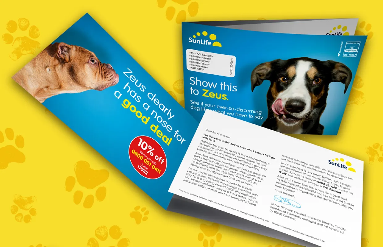 SunLife pet insurance mailer featuring playful dog images, discount offer, and promotional letter