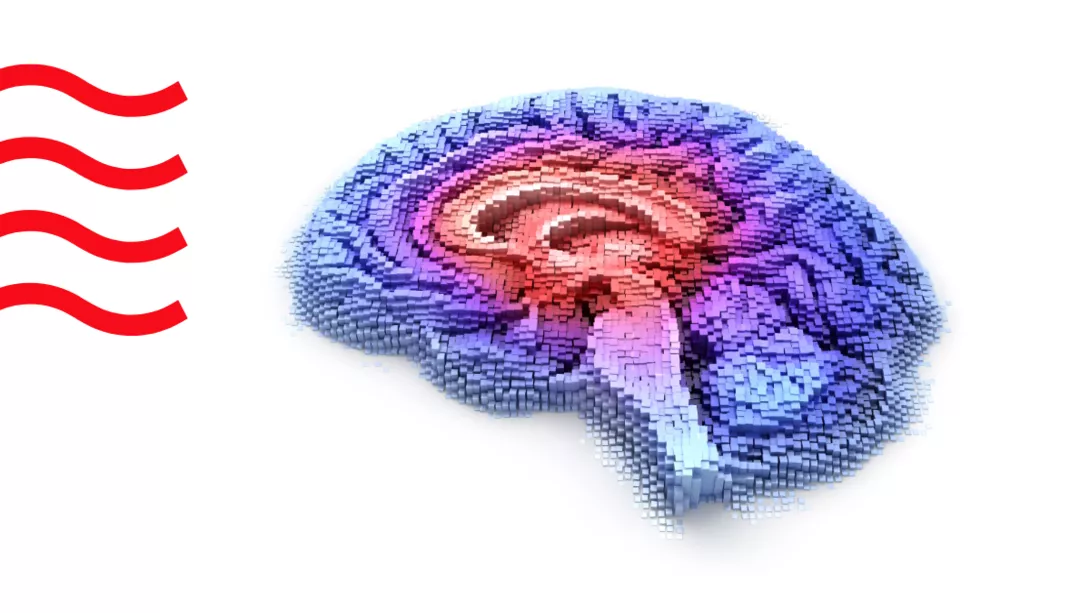 A brain with red and blue waves