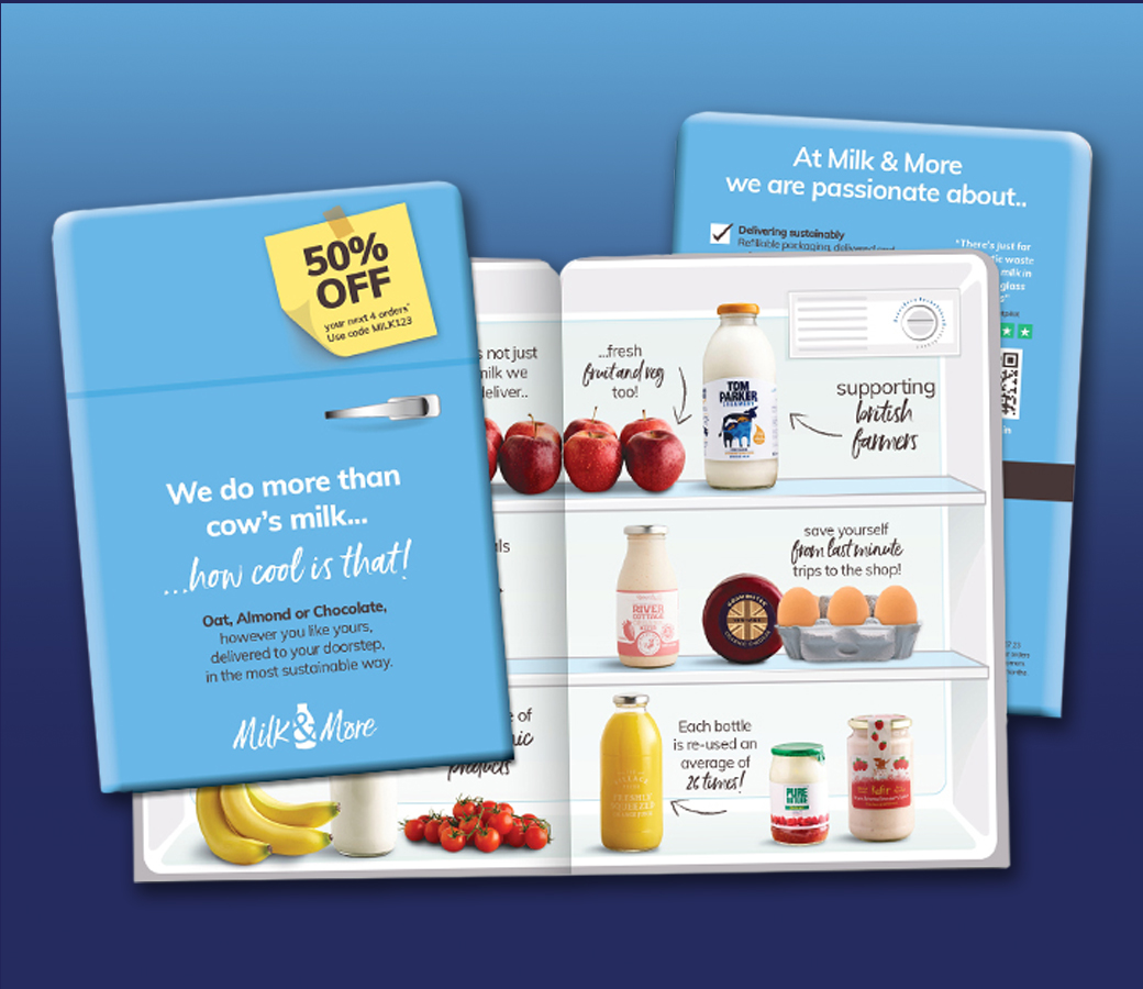 Milk & More leaflet showing fridge with milk, fruit, and other groceries