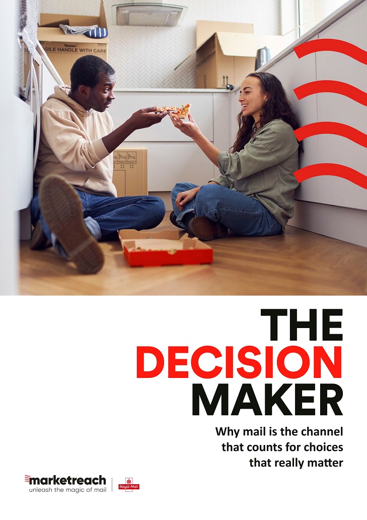 Man and woman sitting on a kitchen floor sharing pizza, with text 'The Decision Maker' campaign