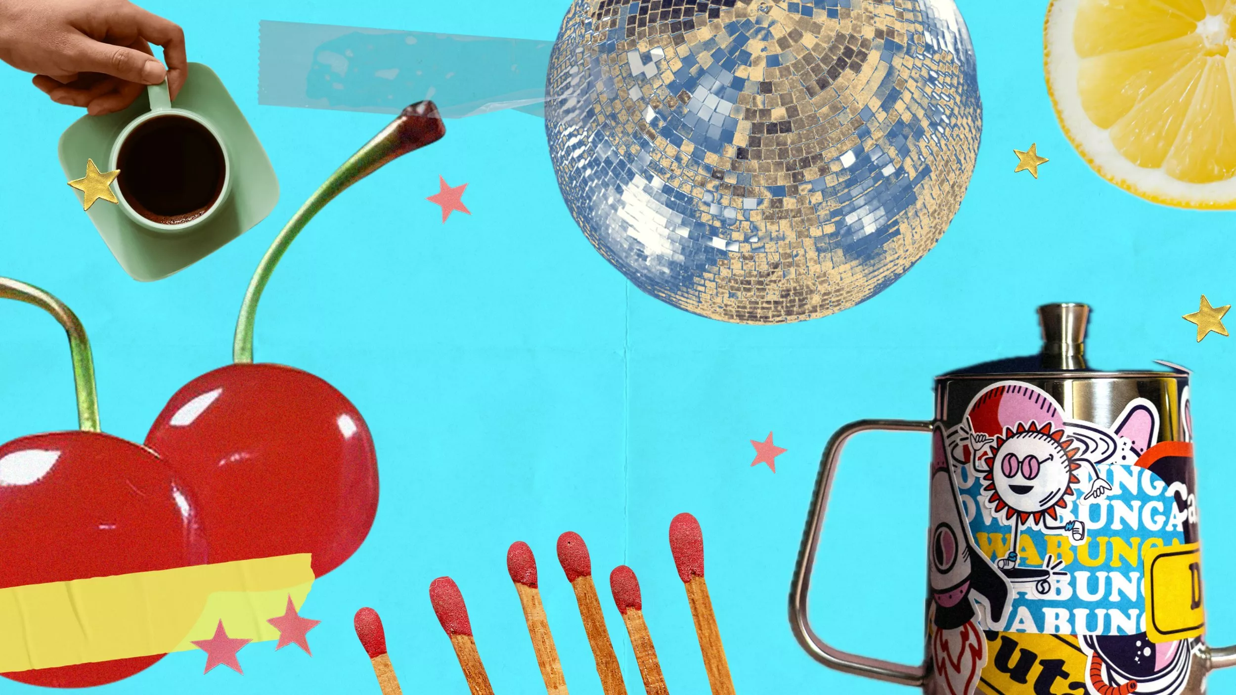 Random objects like cherries, disco ball and matches 