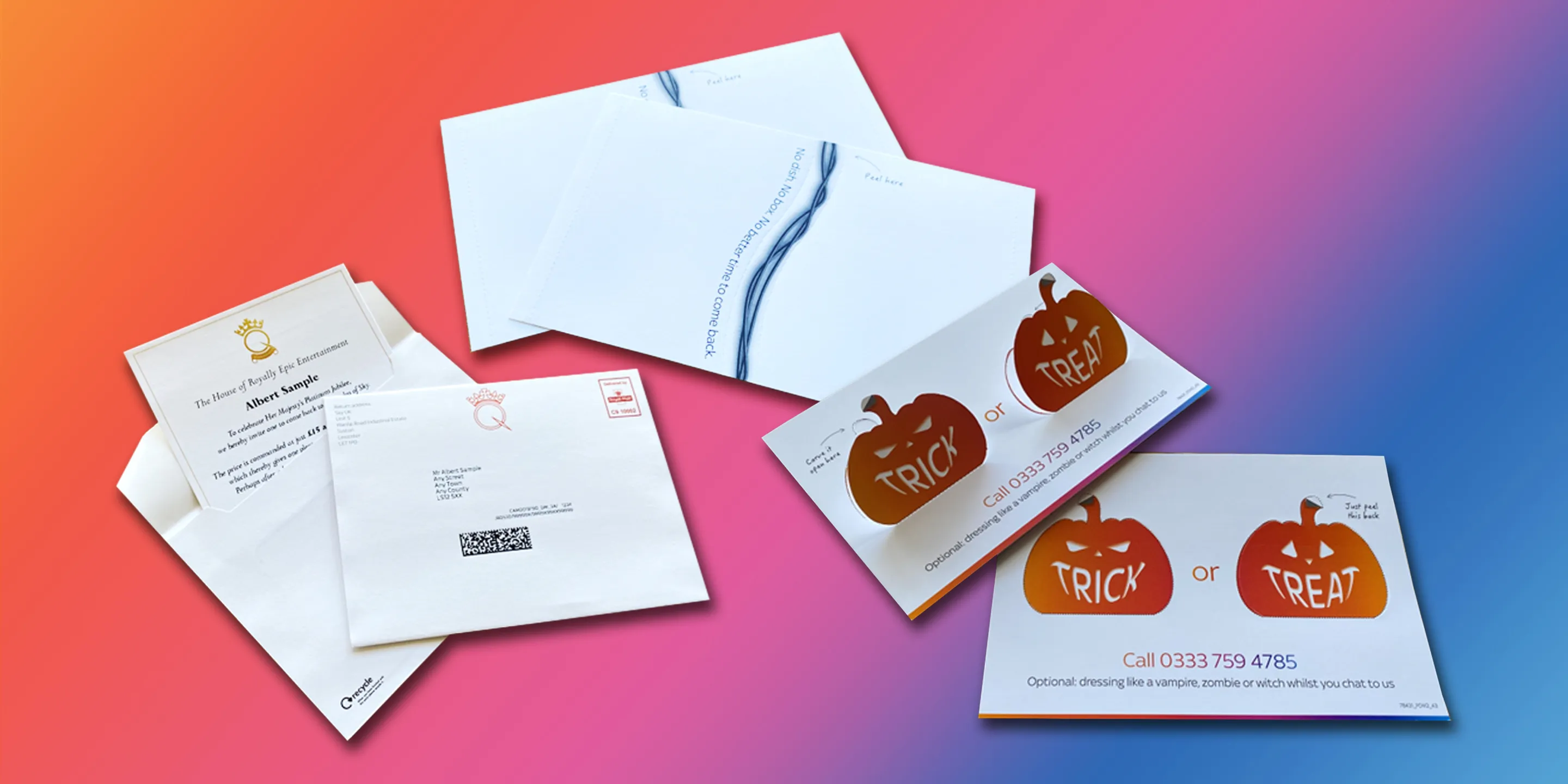 Assorted direct mail envelopes and cards, including Halloween-themed 'Trick or Treat' designs