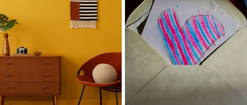 Split image of a cozy home interior and an envelope containing a child’s drawing of a heart