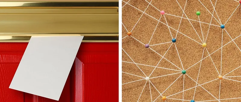 Letter in a red door mail slot next to a corkboard with pins and connecting strings.